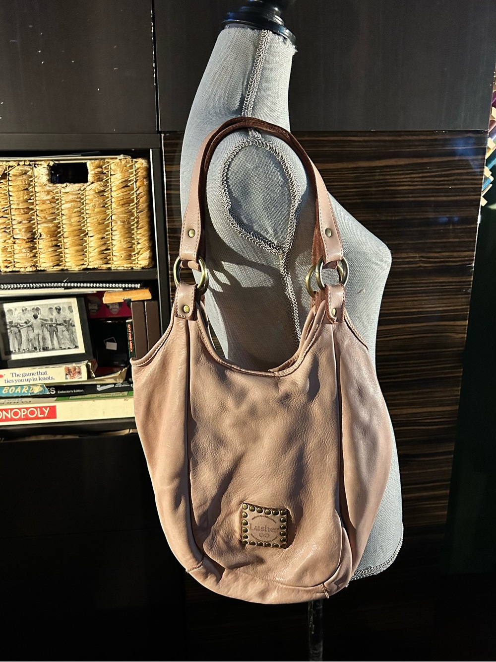 Vintage Lusher Soft Blush Leather Shoulder Bag with Stud Accent
